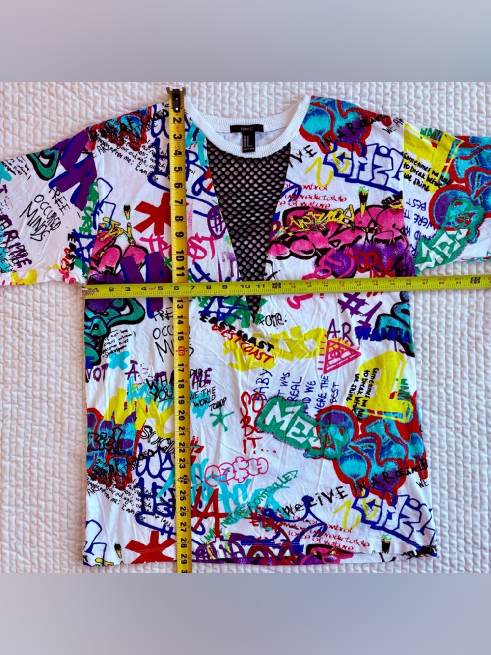 Multicolor Graphic Graffiti Mesh Lace Crewneck Urban Street T-shirt Top Women M - Picture 9 of 10